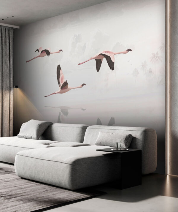 Grup de flamingo care zboară deasupra apei Fototapet Grup de flamingo care zboară deasupra apei