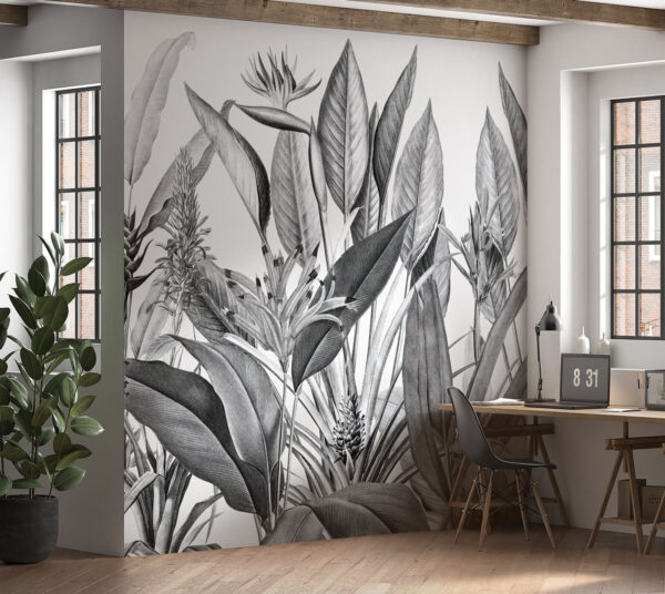 Frunze tropicale în ilustrație monocromă Fototapet Frunze tropicale în ilustrație monocromă