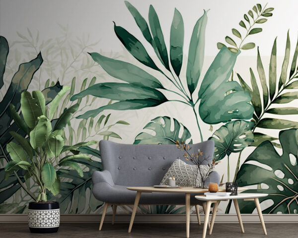 Ilustrație cu frunze tropicale în verde Fototapet Ilustrație cu frunze tropicale în verde