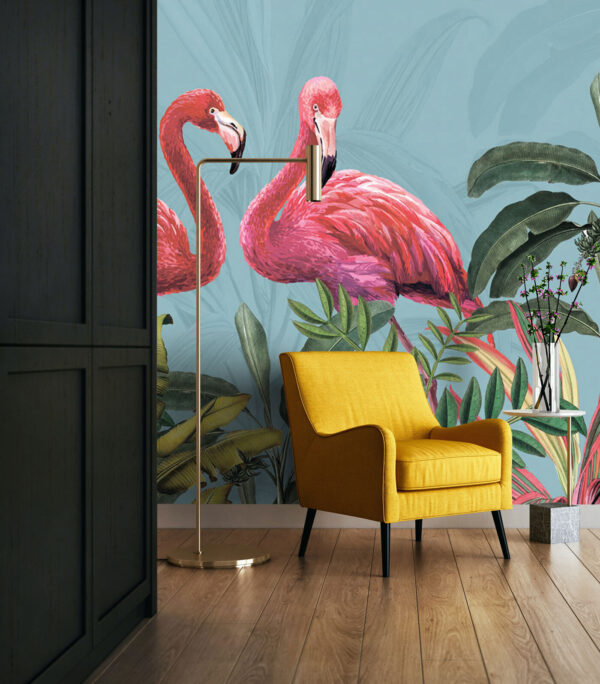 Flamingo tropicale printre frunzișuri luxuriante Fototapet Flamingo tropicale printre frunzișuri luxuriante