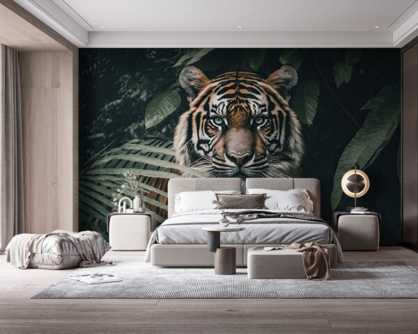 Fototapet Fototapet Tigru ascuns printre frunzele junglei. (SKU: u95619)