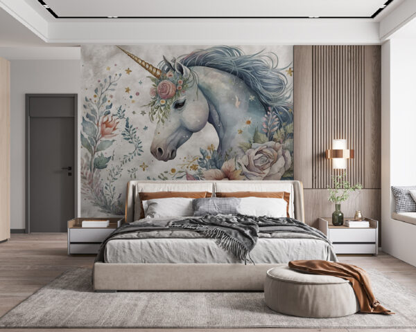 Unicorn fermecător împodobit cu flori Fototapet Unicorn fermecător împodobit cu flori
