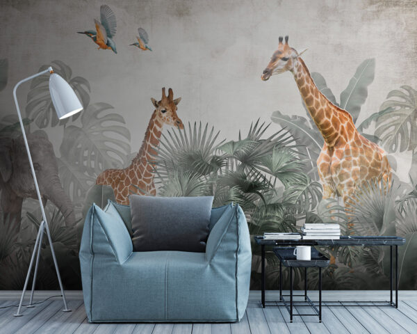Girafă în picioare în fața frunzelor Fototapet Girafă în picioare în fața frunzelor