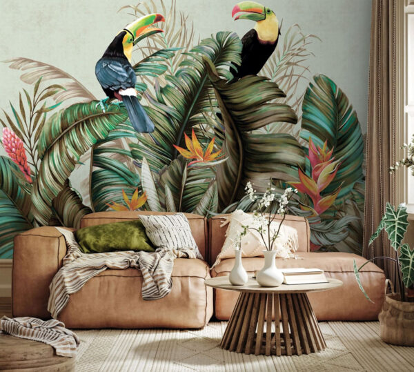 Țucani cocoțați printre frunze tropicale Fototapet Țucani cocoțați printre frunze tropicale