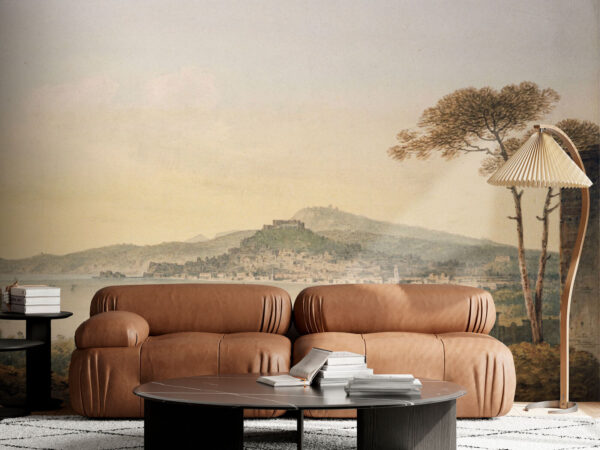 Fototapet Peisaj cu un oraș și un corp de apă