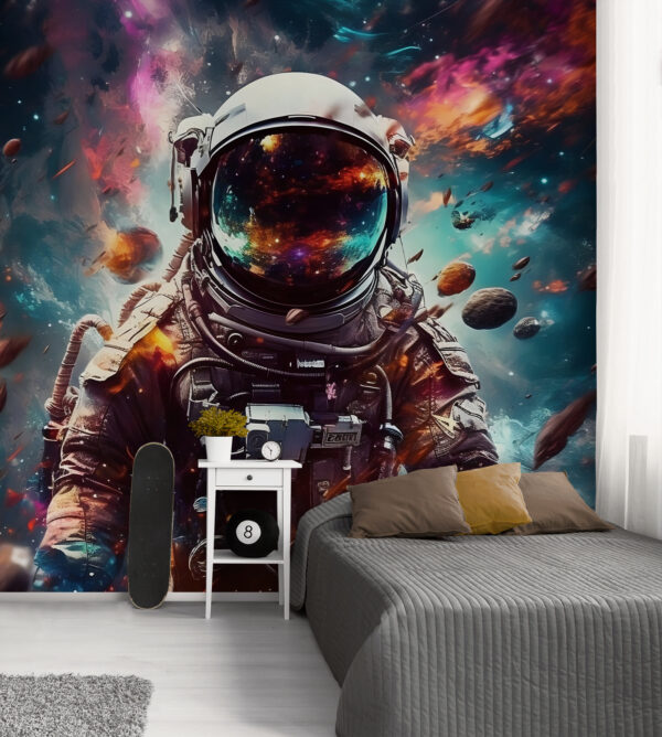 Astronaut plutind printre resturi cosmice Fototapet Astronaut plutind printre resturi cosmice