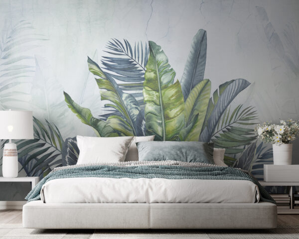 Frunze tropicale cu fundal decolorat Fototapet Frunze tropicale cu fundal decolorat