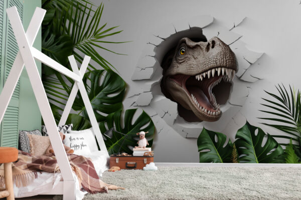 Dinozaurul iese prin peretele crăpat Fototapet Dinozaurul iese prin peretele crăpat