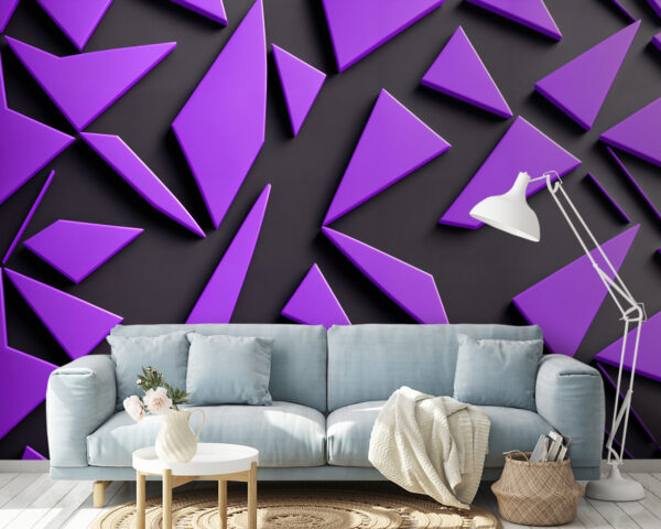 Triunghiuri violet pe o suprafață neagră Fototapet Triunghiuri violet pe o suprafață neagră