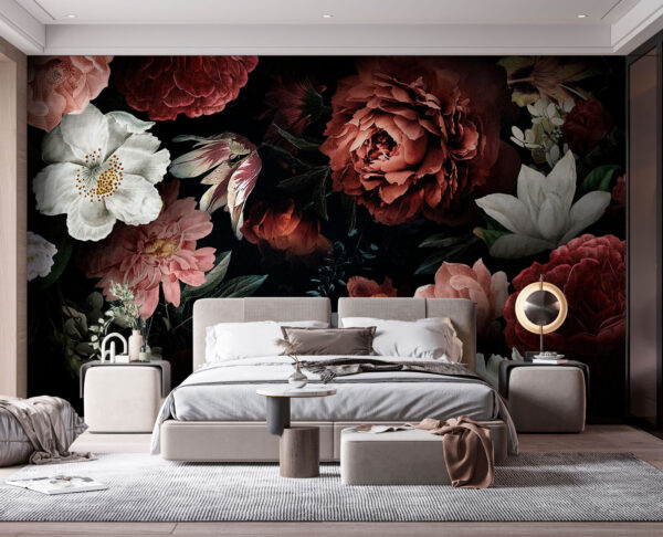 Eleganță florală întunecată cu frumusețe înfloritoare Fototapet Eleganță florală întunecată cu frumusețe înfloritoare
