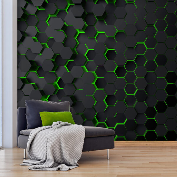 Fototapet Fototapet Hexagoane negre cu lumină verde (SKU: u93618v1)