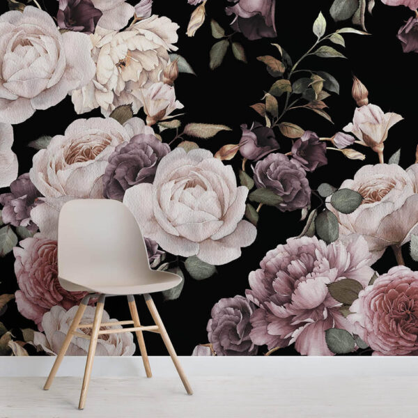 Model floral vibrant pe fundal negru Fototapet Model floral vibrant pe fundal negru