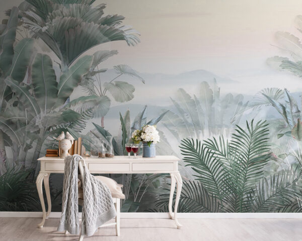 Plante tropicale într-o junglă cețoasă Fototapet Plante tropicale într-o junglă cețoasă
