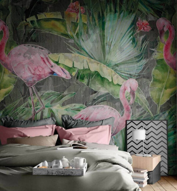 Flamingo roz și frunze verzi Fototapet Flamingo roz și frunze verzi