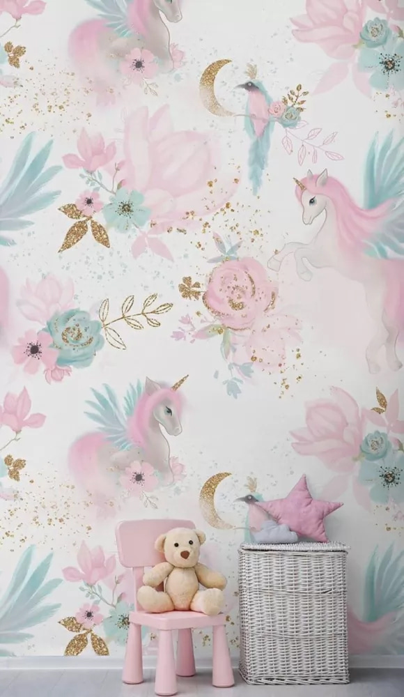 Fototapet Fototapet Unicorni capricioși și flori pastelate. (SKU: u78494)