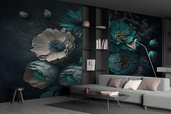 Eleganță florală în nuanțe liniștitoare de teal Fototapet Eleganță florală în nuanțe liniștitoare de teal