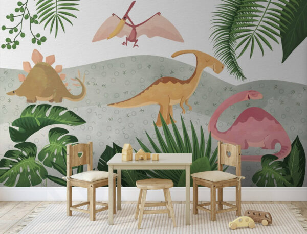 Grup de dinozauri cu frunze Fototapet Grup de dinozauri cu frunze