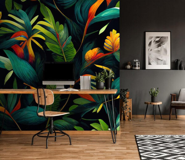 Fototapet Fototapet Frunze și flori tropicale vibrante. (SKU: u72390)