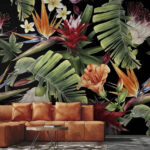 Fototapet Model floral tropical pe fundal negru.
