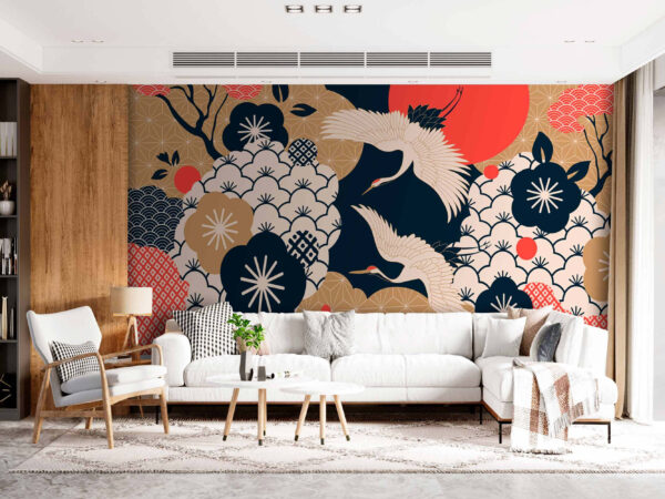 Cocorii se înalță deasupra florilor decorative Fototapet Cocorii se înalță deasupra florilor decorative