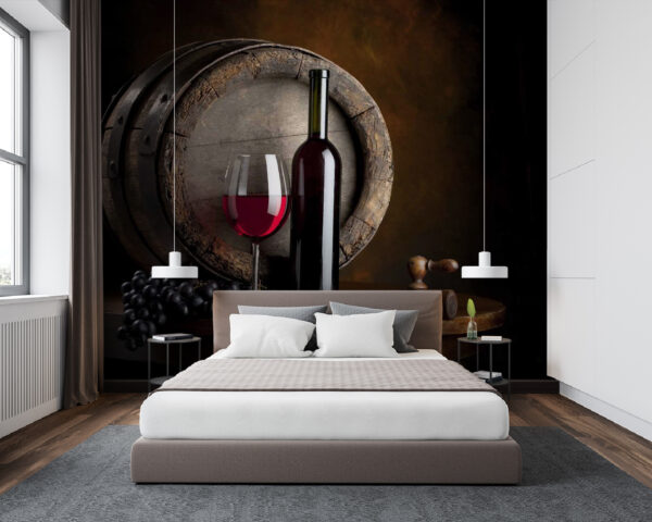 Fototapet Sticlă de vin și pahar pe o masă (SKU: u65206) Fototapet Fototapet Sticlă de vin și pahar pe o masă (SKU: u65206)