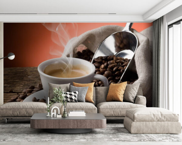 Ceașcă de cafea cu abur și boabe de cafea Fototapet Ceașcă de cafea cu abur și boabe de cafea