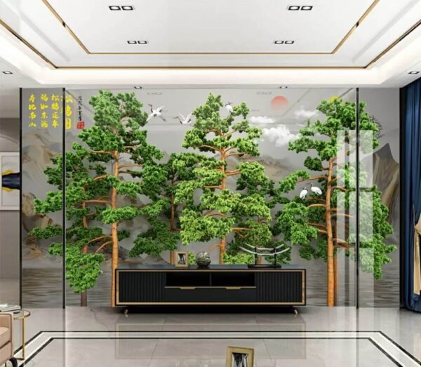 Fototapet Grup de copaci cu păsări care zboară deasupra lor