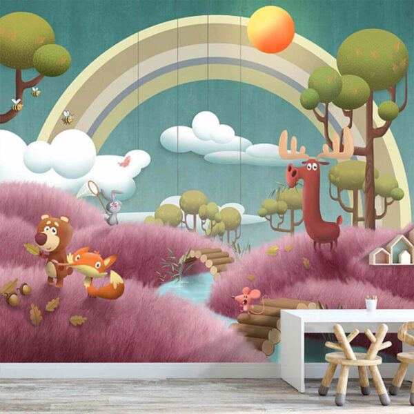 Fototapet Scenă de desene animate cu animale și un râu