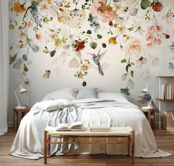 Pasăre colibri plutind sub un arc floral Fototapet Pasăre colibri plutind sub un arc floral