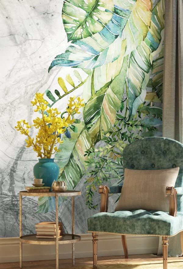 Fototapet Pictură de frunze pe o suprafață marmorată