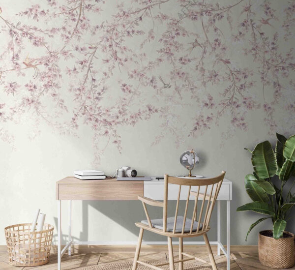 Păsări printre flori delicate de cireș Fototapet Păsări printre flori delicate de cireș