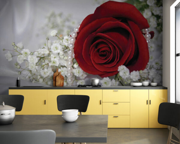 Fototapet Trandafir roșu și flori albe