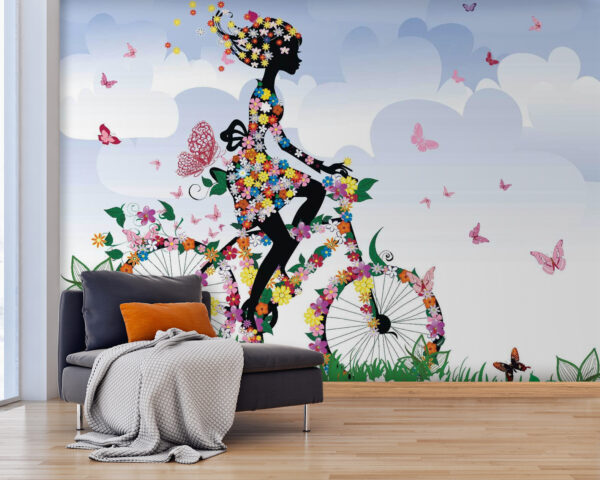 Fototapet Femeie pe o bicicletă cu flori