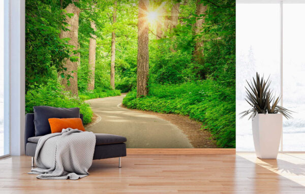 Lumina soarelui prin pădurea verde luxuriantă Fototapet Lumina soarelui prin pădurea verde luxuriantă