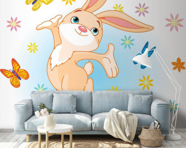 Fototapet Fototapet Desen animat al unui iepure care sare în aer cu fluturi (SKU: u54469)