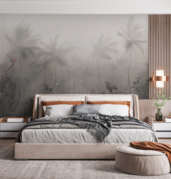 Fototapet Pădure cețoasă cu palmieri și fluturi