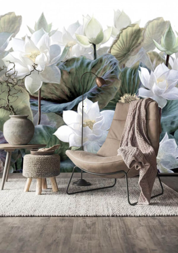Flori de lotus printre frunze verzi luxuriante Fototapet Flori de lotus printre frunze verzi luxuriante