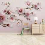 Fototapet Magnolii roz pe ramuri elegante.