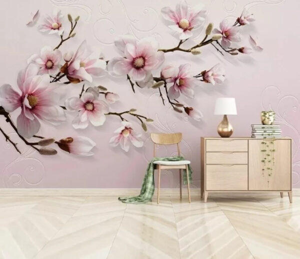 Magnolii roz pe ramuri elegante Fototapet Magnolii roz pe ramuri elegante
