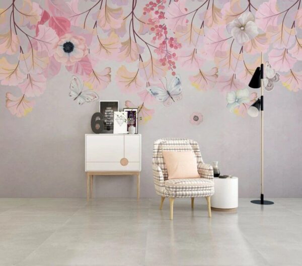 Fototapet Pictură de flori și fluturi