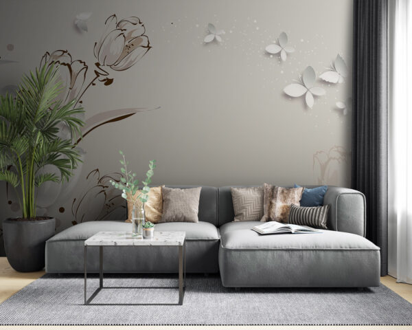 Fototapet Fototapet Lalele albe și fluturi (SKU: u42642)