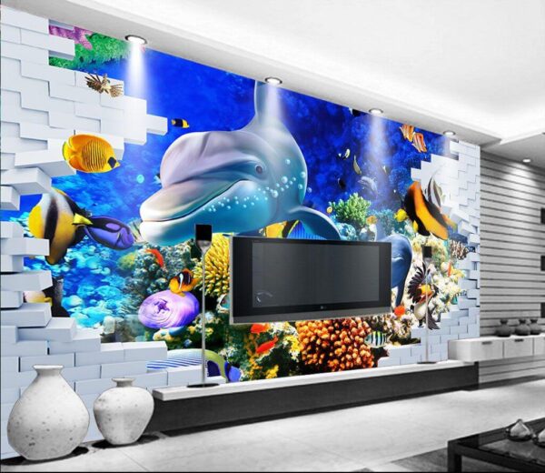 Mural cu un pește și delfini Fototapet Mural cu un pește și delfini