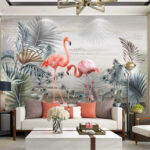 Fototapet Flamingo printre frunzele tropicale.