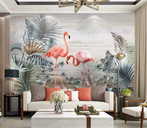 Flamingo printre frunzele tropicale Fototapet Flamingo printre frunzele tropicale