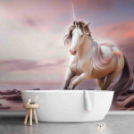 Fototapet Unicorn mistic în apus de soare senin.