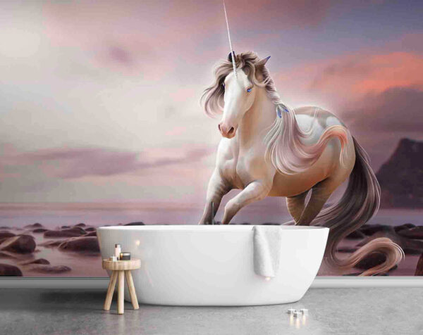 Unicorn mistic în apus de soare senin Fototapet Unicorn mistic în apus de soare senin