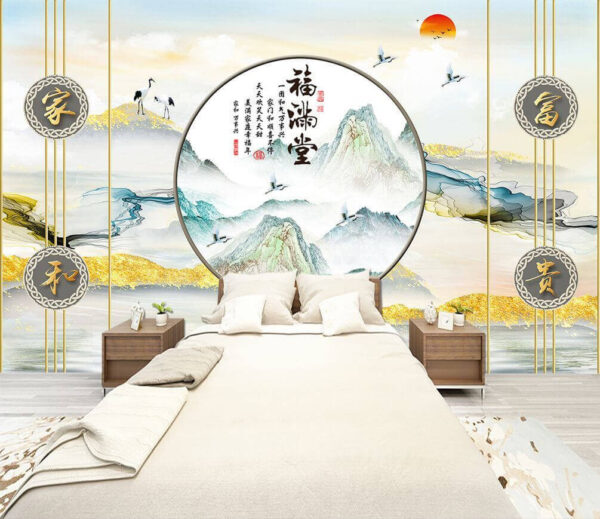 Fototapet Pictură de munți și păsări