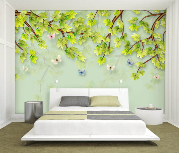 Fototapet Frunze verzi și fluturi pe un fundal alb