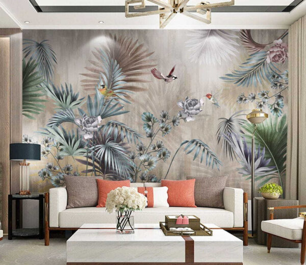 Păsările flutură printre frunzișul tropical Fototapet Păsările flutură printre frunzișul tropical