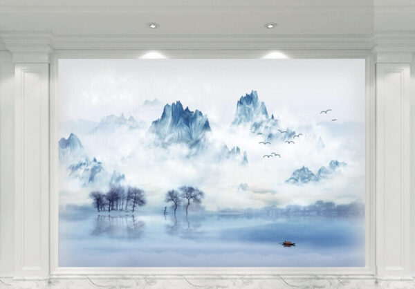 Fototapet Fototapet Peisaj de un lac cu copaci și munți în fundal (SKU: u34471)